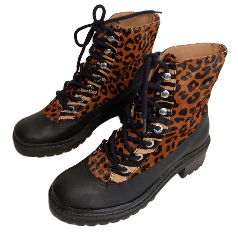 Schutz Mafalda Leopard Print Calf Hair Lug Sole Tie Ankle Boots Women’s Size 6